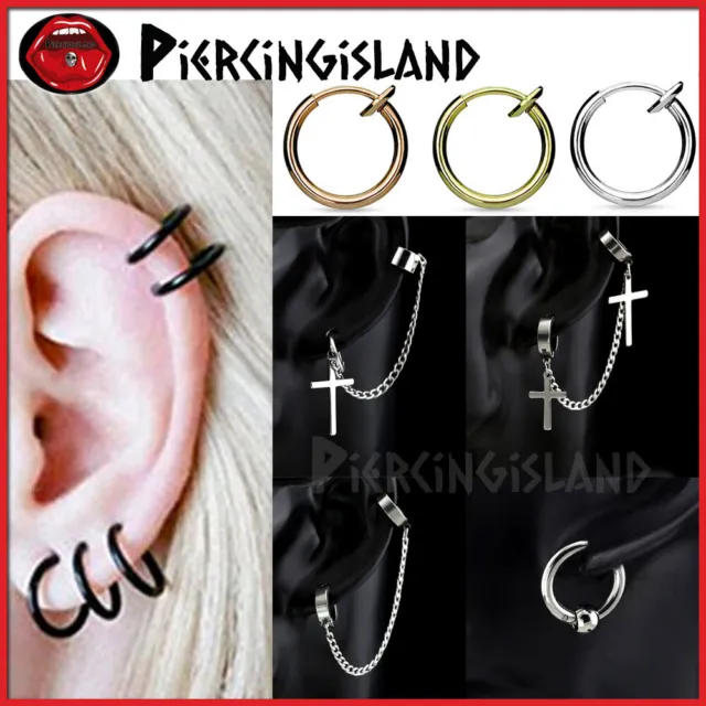Fake Piercing Hoop Ring Cross Chain Spring Clip On Lip Nose Septum Ear Earrings