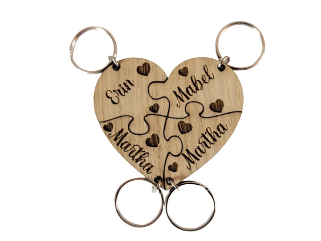 Wooden Heart Shaped Keyring Personalised Puzzle, Family Jigsaw Gift Keyrings.