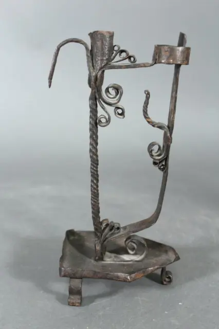 RARE 17th - 18TH C WROUGHT IRON RUSHLIGHT AND CANDLE HOLDER IN GREAT OLD SURFACE