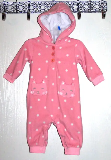 Carters Infant Girls Pink Fleece Polka Dot Kitty Cat Jumpsuit Coverall Outfit 3M