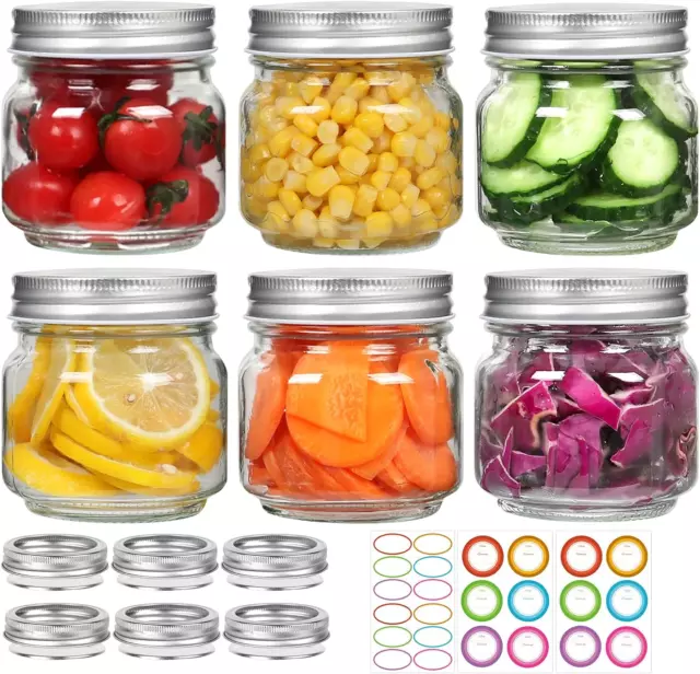 6 Pack Small Mason Jars 8 Oz, Half Pint Canning Jars, 6 Split-Type Lids and EXTR