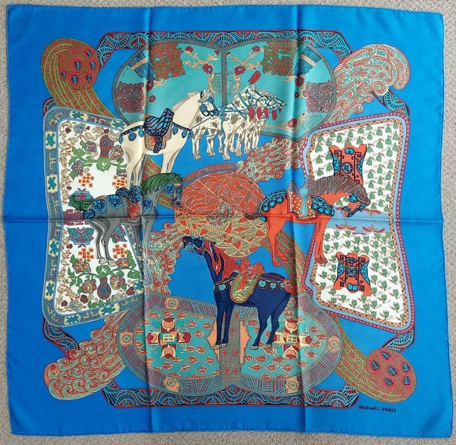 Hermes Carre 90 silk 100% scarf ART DES STEPPES blue multi color Ladies no box