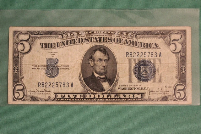 1934-D Five Dollar Silver Certificate $5 Bill Blue Seal Note Circulated