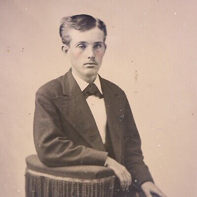 Antique 1860's Civil War Era Tintype Photograph Handsome Young Man Bow Tie