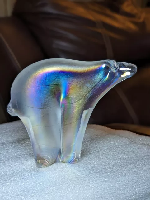 Vtg Signed Kenneth Marine Art Glass Iridescent Polar Bear Figural Paperweight