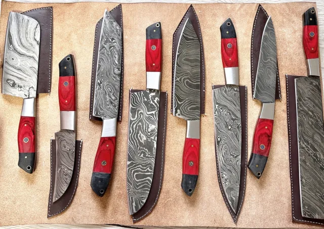 8 Stück Handgefertigte Damaskus Stahl Kochmesser, Küchenmesser