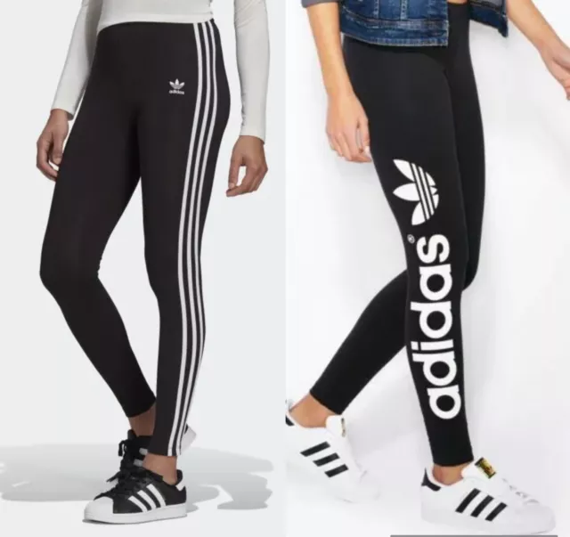 Adidas 3 Stripes Womens Black Leggings Gym Yoga Running Pants size 8 to 14