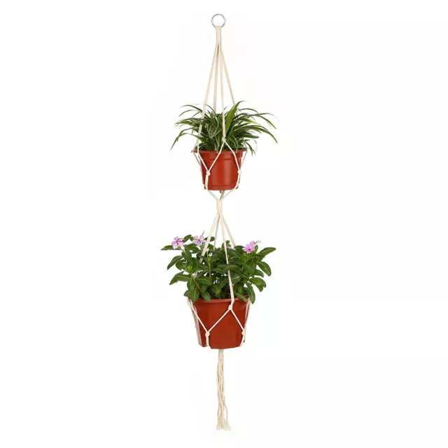 Macrame Double Plant Hanger Indoor Outdoor 2 Tier Flower Pot V8R5