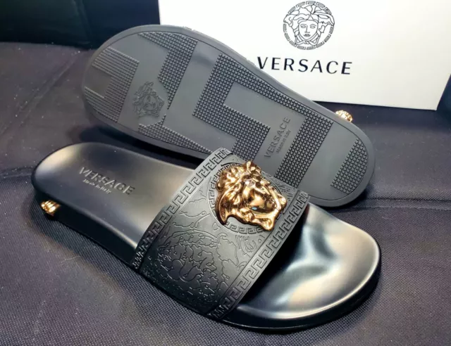 Men's Black Gold Versace Medusa Palazzo Sandals Slides Flip Flops 2