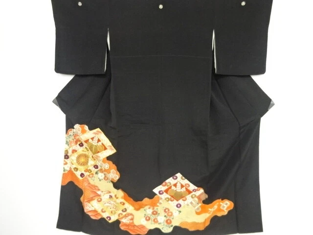 00567# Japanese Kimono / Antique Tomesode / Embroidery / Flower Rhombus