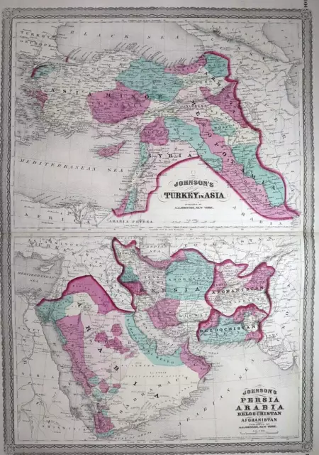 1870 Johnson's Atlas Map ~ TURKEY - ARABIA ~Free S&H   (XL18x26)   #621