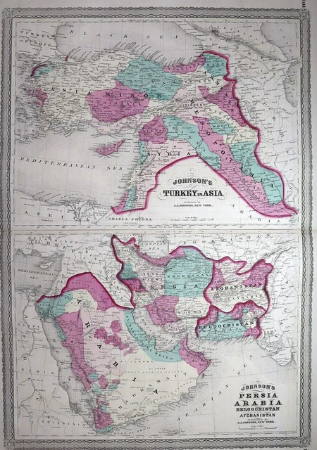 1870 Johnson's Atlas Map ~ TURKEY - ARABIA ~Free S&H   (XL18x26)   #621