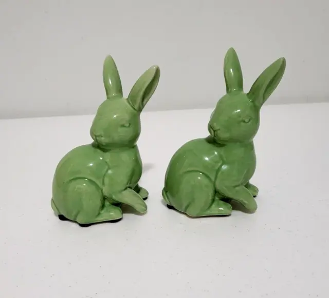 Set of 2 Green Ceramic Bunnies Rabbits Home Decor Easter