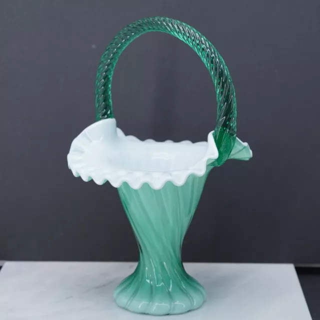 Fenton Spiral Optic Glass Basket Aquamarine Green Rope Like Handle Ruffled 10.5” 2