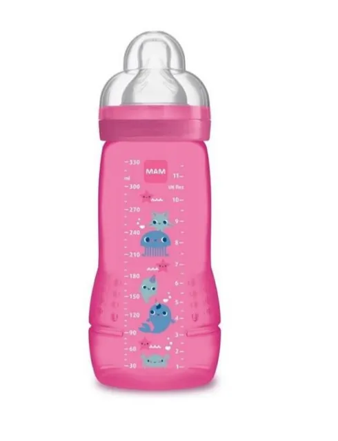 2 Stück Mam Biberon 330Ml Baby Flasche +4M Rosa, ergonomische Trinkflasche