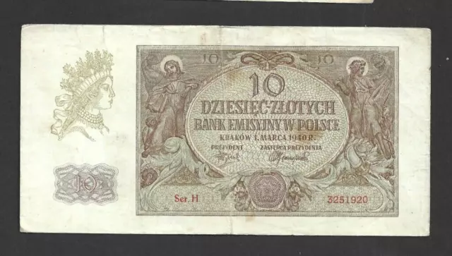 10  Zlotych  Fine  Banknote  From German Occupied Poland 1940  Pick-94