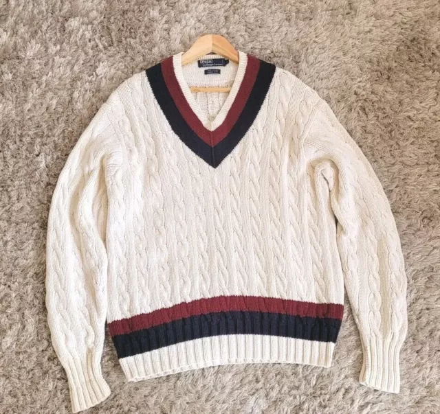 Polo Ralph Lauren Hand Knit V Neck 100% Wool Cricket Sweater L 90s Y2K *VINTAGE*