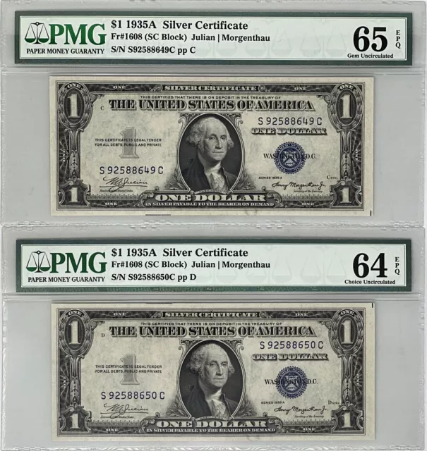 1935-A Fr 1608 $1 Unc. Silver Certificates Consecutive Pair, PMG 65-EPQ & 64-EPQ
