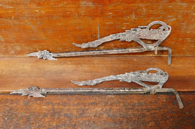 Pair Antique Victorian Art Deco Ornate Cast Swing Arm Curtain Rods - No Brackets