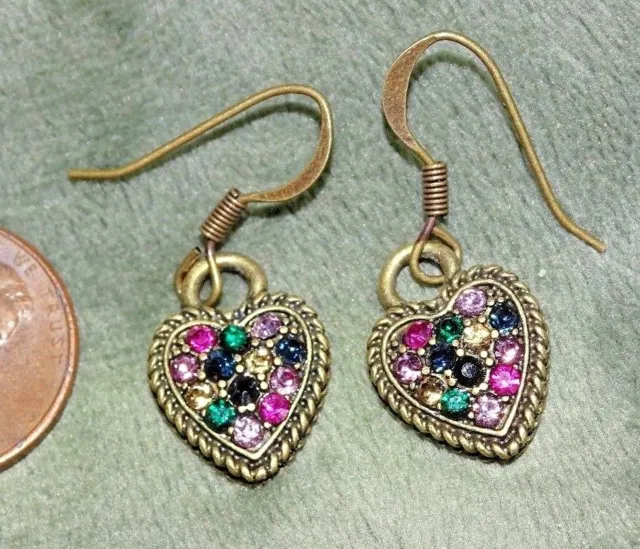 1 Pair Earrings in Brass Tone Antiqued Small Heart Encrusted with Rhinestones