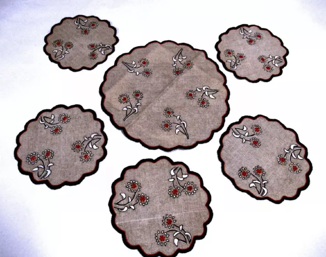 6 Vintage Doilies Tea Set Arts & Crafts Hand Embroider Brown, White, Red Flowers