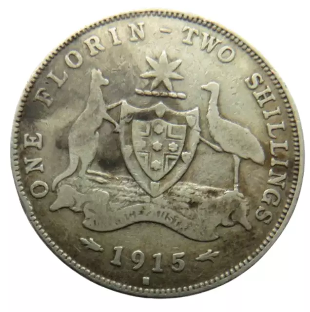 1915-H King George V Australia Silver Florin / Two Shillings Coin
