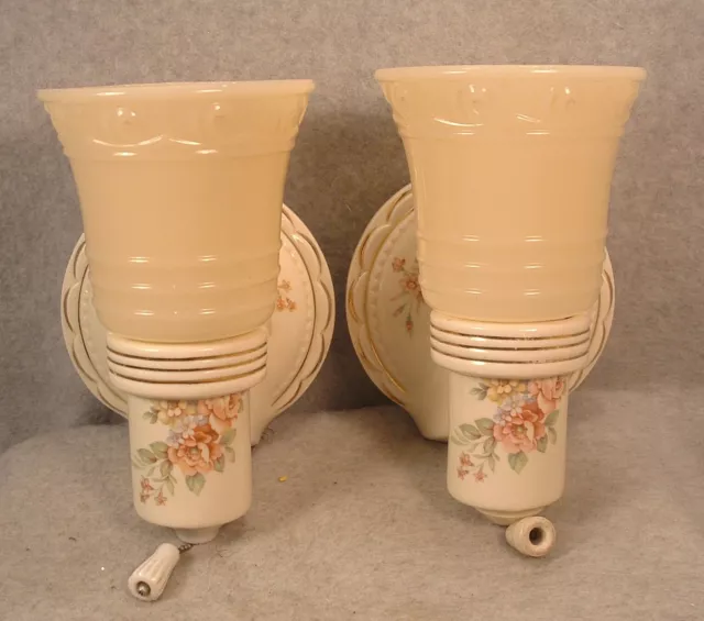 Pair of 1940's Porcelain Bathroom Wall Sconces Floral Dec. Custard Glass Shades