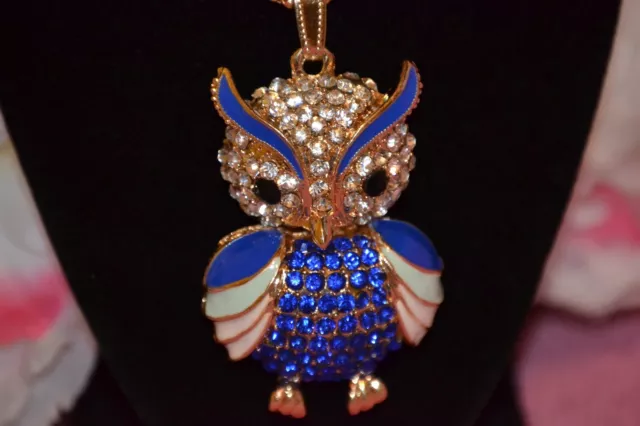 Betsey Johnson Blue Enamel Crystal Owl Pendant Sweater Chain Necklace -BJ41