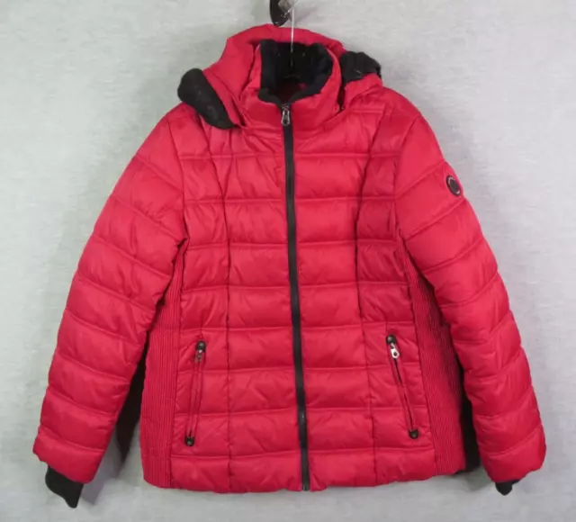 Nautica Womens Coat 2XL XXL Red Hooded Puffer Full Zip Faux Fur Water Resistant