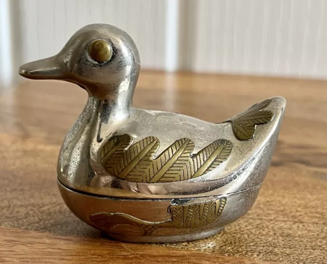 Vintage Small Pewter / Brass Duck Bird Trinket Pill Pot Hong Kong 2.5” x 2”