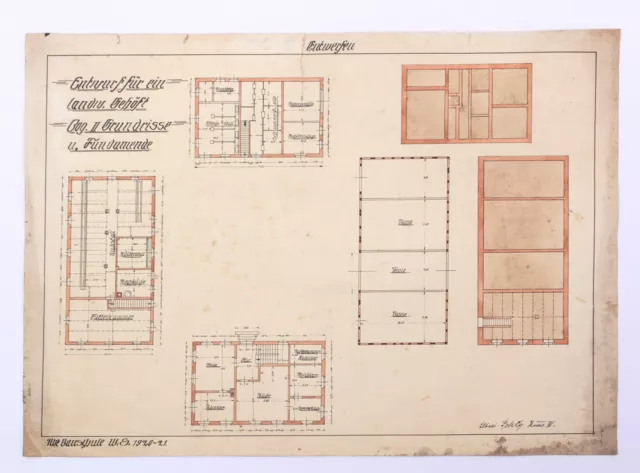 Zeichnung Entwurf Landwirt. Gehöft 1920 - Original, antik, Tusche/Farbe