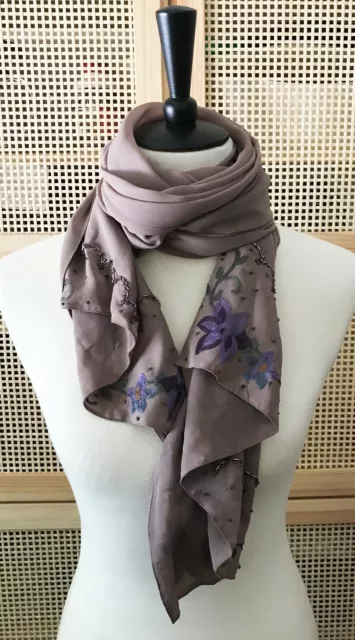 Silk Scarf Taupe Champagne Purple Embroidery & Bead Embellished Floral Long