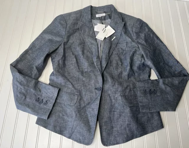 Calvin Klein Women's Linen Blend Suit Blazer Jacket Chambray Plus 16 NEW