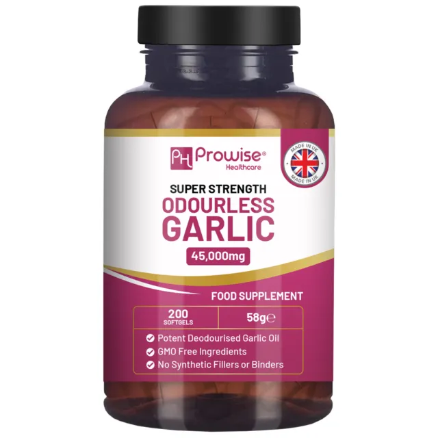 Premium Odorless Garlic Capsules High Strength 45,000mg 200 Softgels by Prowise
