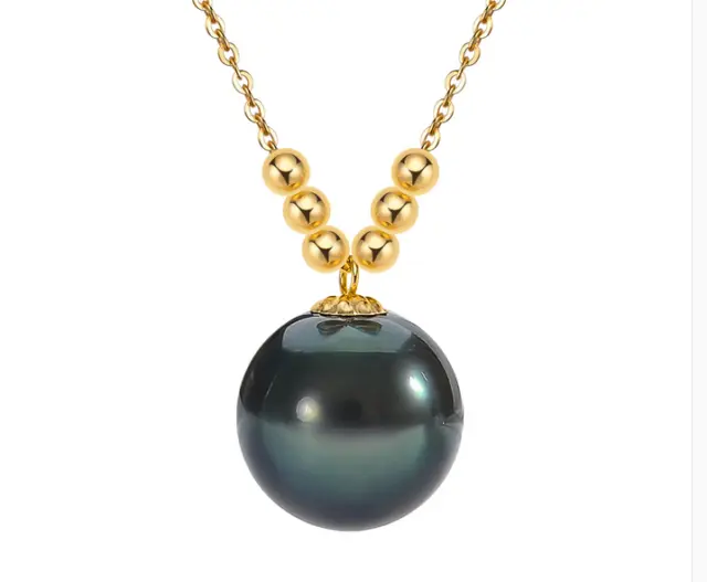 Huge 14Mm Natural Tahitian Genuine Black Round Pearl Necklace Pendant 399Aaa+