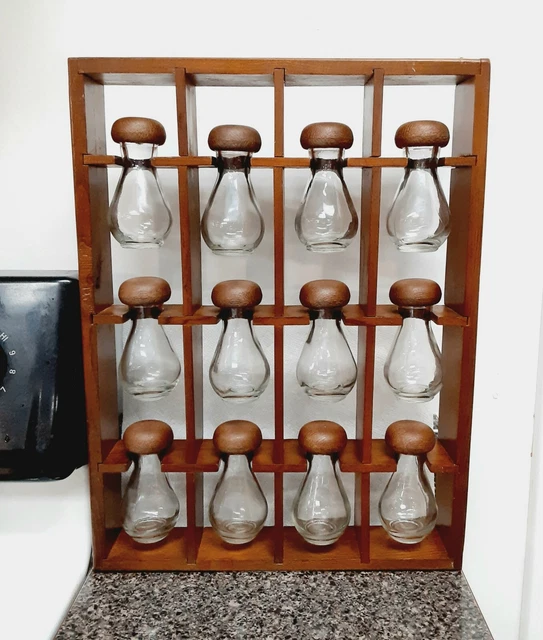 VINTAGE 1970S WALL Hanging Wooden Spice Rack With 12 Mushroom Shaped