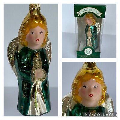 Lauscha Glas Creation Christmas Ornament Angel with Green & Gold Germany in Box