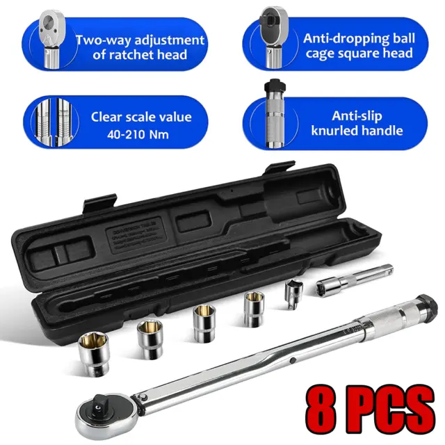 8X Ratcheting Torque Wrench 1/2" Square Drive 28-210Nm Handle Socket Garage Tool