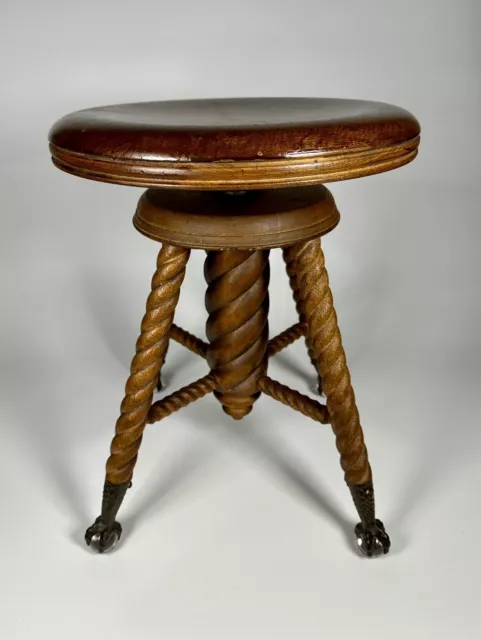 Piano Organ Stool Victorian Adjustable Swivel, Twist Legs, Claw Glass Feet 1890s Piano Organ Stool Victorian Adjustable Swivel, Twist Legs, Claw Glass Feet 1890s