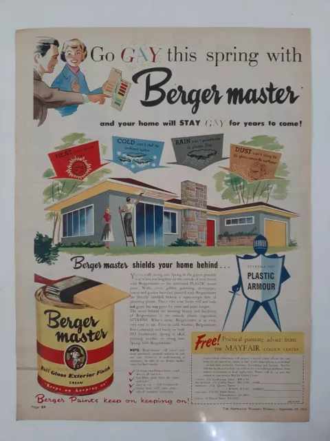 Vintage Australian advertising 1954 ad BERGER MASTER PAINT gay spring house art