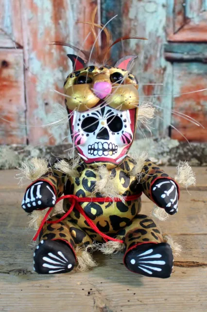 #3 Day of the Dead Jaguar Baby Muñeca Doll Papier Mache Handmade Mexico Folk Art