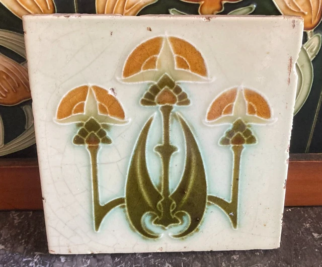 Stunning Antique Art Nouveau Flower Majolica Pottery Glazed Tile
