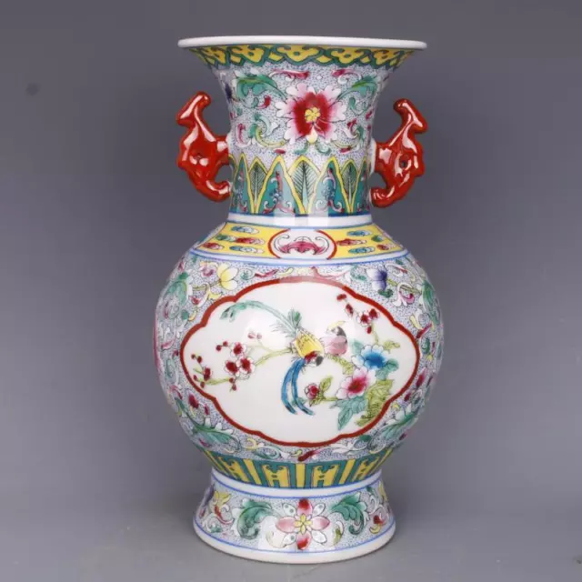China Porcelain Qing Dynasty Qianlong Famille Rose Flowers and Birds Vase 9.44"