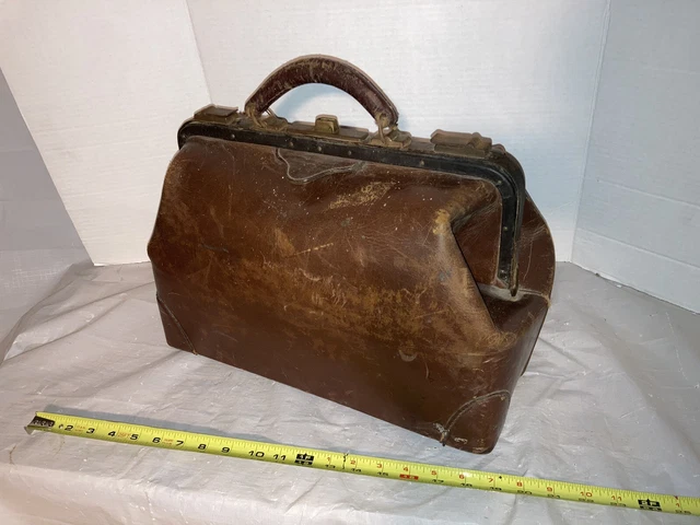 Antique Genuine Cow Hide Leather Doctor Dentist Bag Brown House Call MIF Large￼