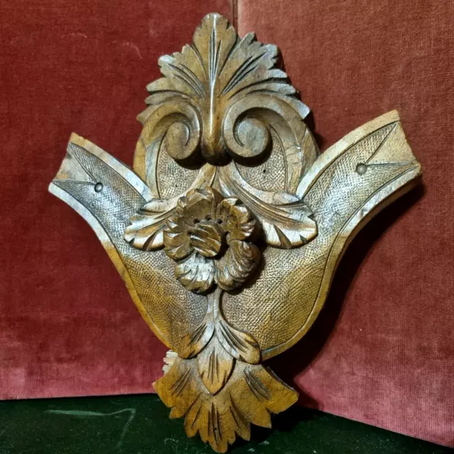 Flower scroll leaf wood carving pediment - Antique french architectural salvage