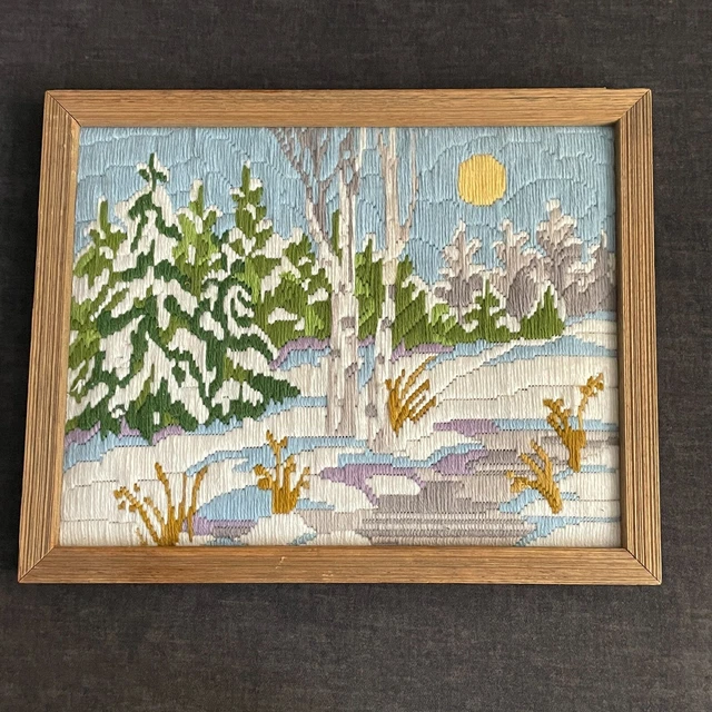 Crewel Bordada a Mano De Colección Al aire Exterior Árbol de Nieve Luna Escena de Invierno 12x15 Enmarcada