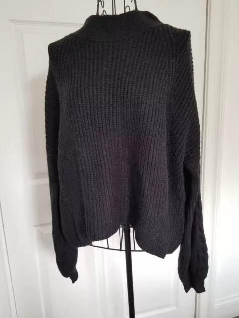 BP Black Chunky Knit Cropped Long Sleeve Oversized Sweater Mock Neck Womens Sz L