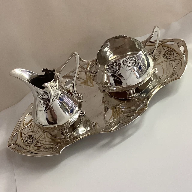 FINE ART Nouveau WMF Silver Plated Tray, Sugar Bowl & Cream Jug