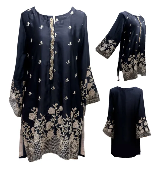 Women Designer Black Silk Pakistani Party Kurta Kurti Tunic Indian Top Dress 52