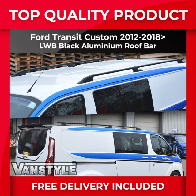 Fit Ford Transit Custom 12-23 Lwb Black Aluminium Sport Roof Bars Rails No Drill
